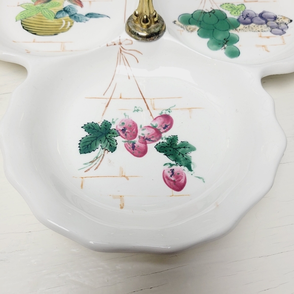 Vintage Japan Divided 3 Section Serving Dish Porcelain Hand Painted Fruit Brass - Picture 11 of 12